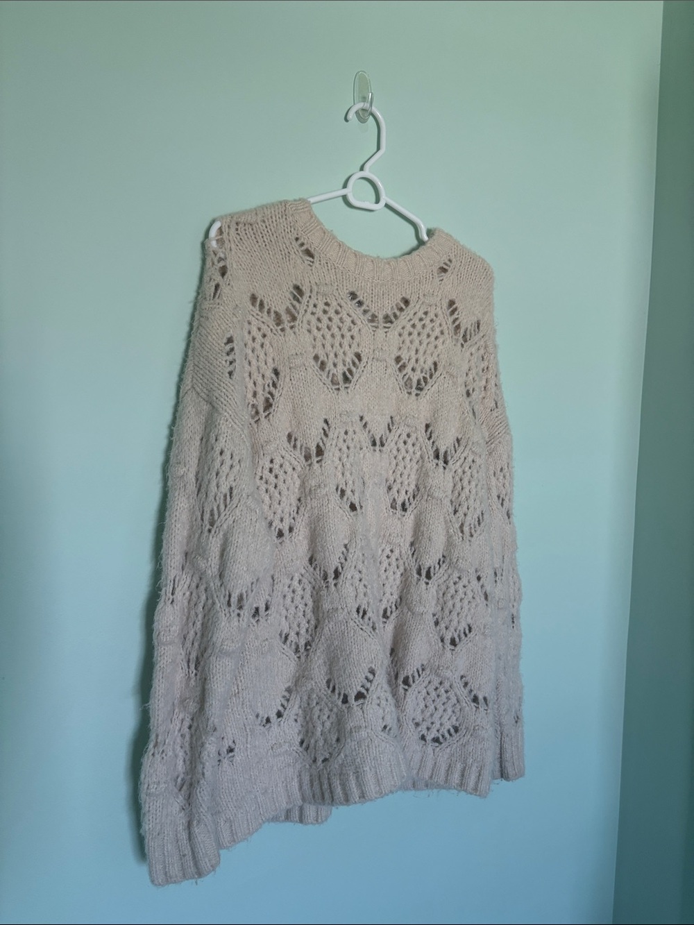 American Eagle Outfitters Open-Knit Oversized Cream Crewneck Sweater